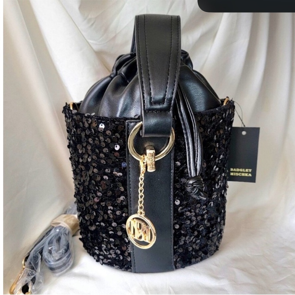 Badgley Mischka Black Sequin Bucket Bag with Gold Accents - Picture 5 of 10